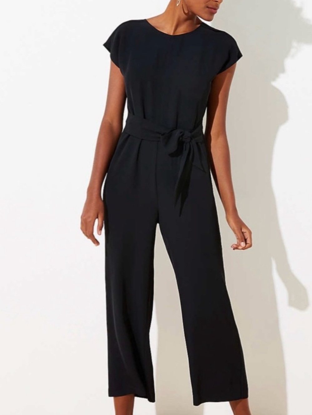 LOFT Black Cap-Sleeve Tie-Waist Jumpsuit
